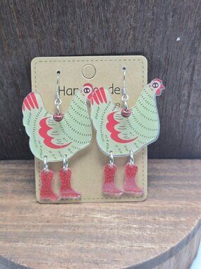 NWT Whimsy Chicken Earrings Pierced Acrylic Boots Dangle Drop Light Weight OOAK